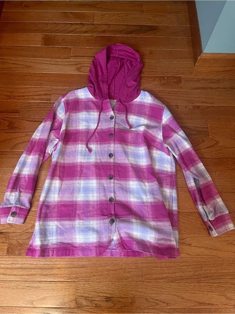 Kim Gravel Pink Plaid Hooded Button-Up Shirt Jacket/Shacket Size L